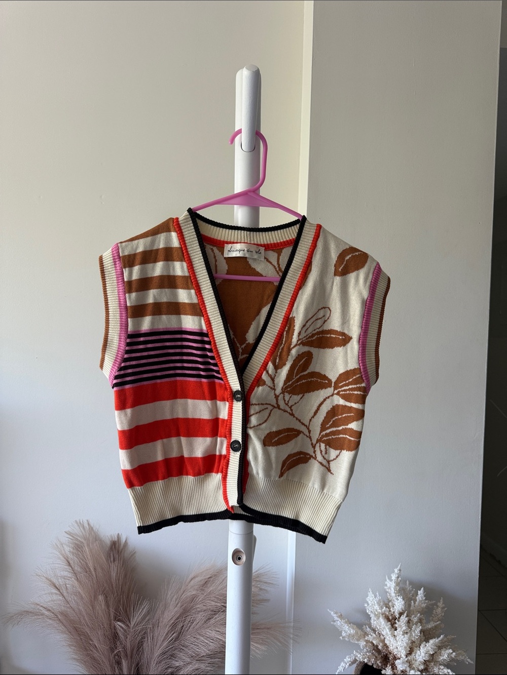 Phisique du Role Italy 100% Cotton Knit Vest Leaf Print European Summer Chic - Picture 12 of 15